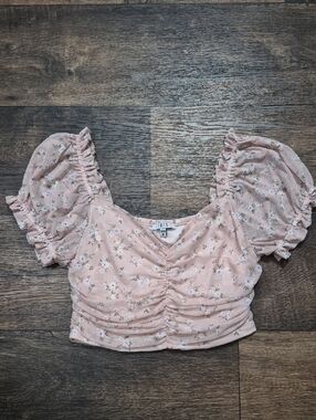 iris Blush Pink Floral Ruched Puff-Sleeve Crop Top
